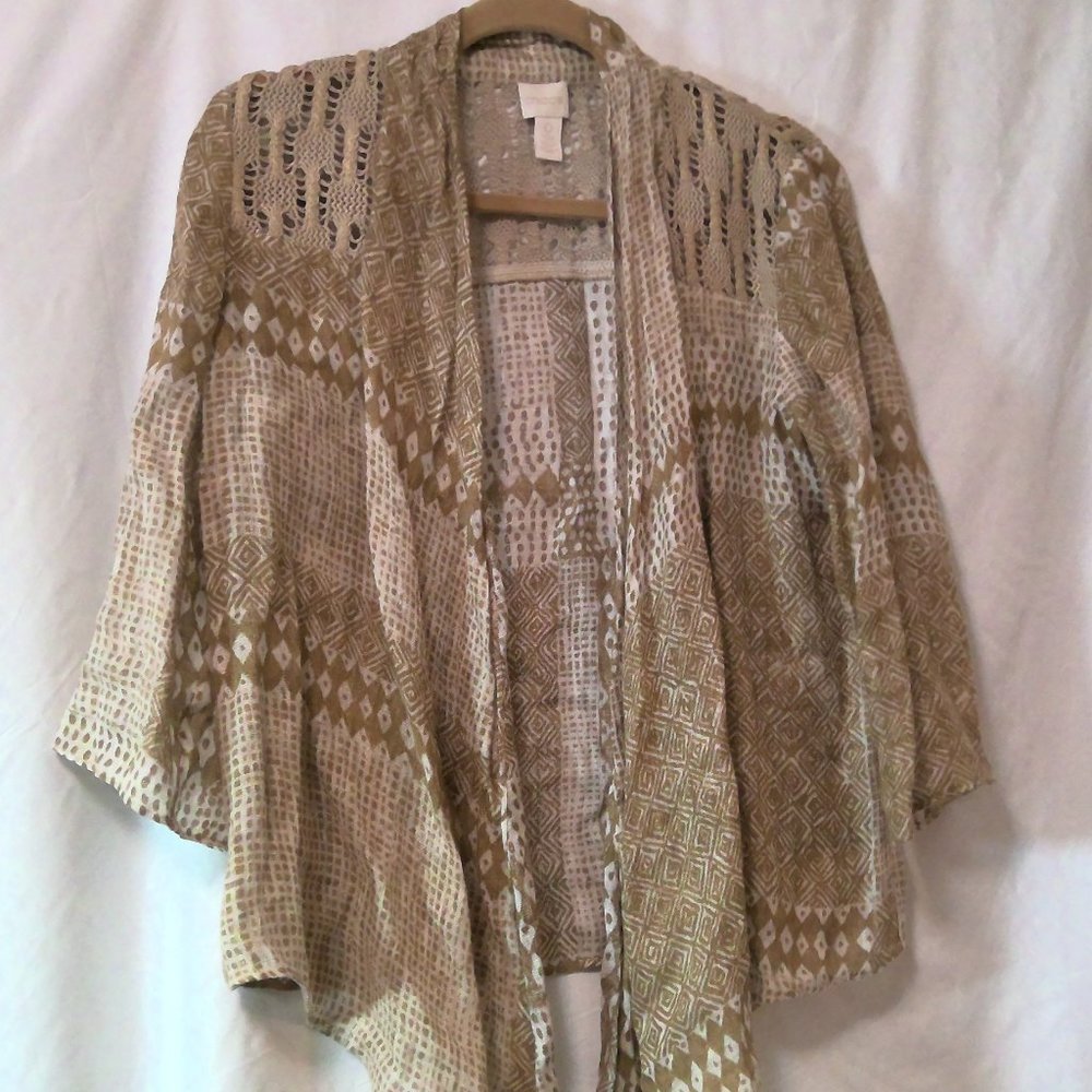 Chico's Size 0 100% Linen Tribal Pattern Flowy Jacket-Beige, Tan, Metallic Gold